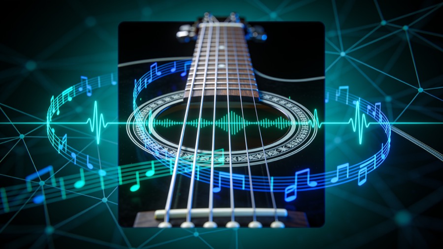 AI music interface with glowing chord patterns