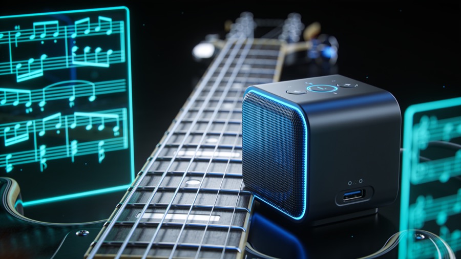 AI guitar tab assistant concept with holographic notation