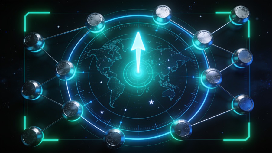 Futuristic navigation system pointing toward a digital frontier